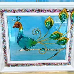 Metal and Glass Peacock, Metal Art, Glass Art, Resin Art, Nature Decor, Wall Art, Peacock Wall Art, Crushed Glass Art, Mixed Media Art