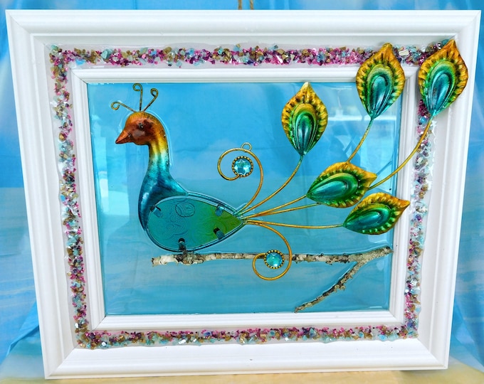 Metal and Glass Peacock, Metal Art, Glass Art, Resin Art, Nature Decor, Wall Art, Peacock Wall Art, Crushed Glass Art, Mixed Media Art