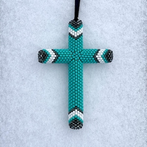Beading Pattern - Beaded Cross Pattern 3 Round Seed Beads, 1/4" Dowel, EvenCountTubularPeyoteStitch, turquoise, gray, white. Rearview Mirror