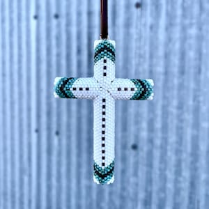 Beading Pattern for Beaded Cross Pattern 1, 5/16" Dowel, EvenCountTubularPeyoteStitch, turquoise, brown, white. PDF Pattern. Rearview Mirror