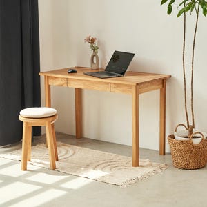 OAK WRITING DESK with Drawer: Standing Computer Furniture Solid Wood Table Wooden Scandinavian Table