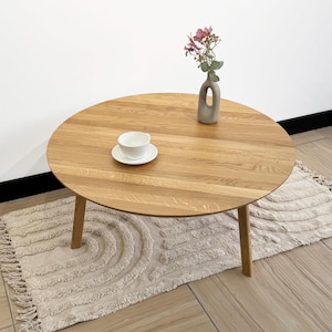 Solid Oak Round Coffee Table: Low Mid-Century Modern Scandinavian Design