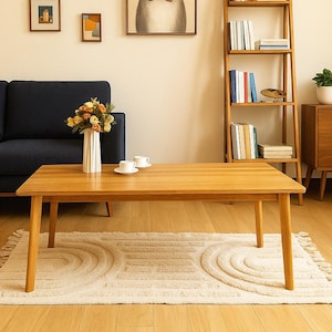 Mid-Century Modern Oak Coffee Table: Solid Wood Narrow Living Room Japandi Side Table