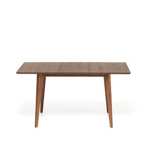 May include: A rectangular wooden dining table with a dark brown finish. The table has four angled legs and a simple, modern design. The table is approximately 60 inches long and 36 inches wide.