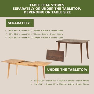 May include: An image showcasing two wooden dining tables with extension leaves. The text provides dimensions for table leaves, including 39" x 31.5" + insert 14", 43" x 31.5" + insert 16", 47" x 31.5" + insert 16", 55" x 31.5" + insert 16", and 59" x 33" + insert 20".