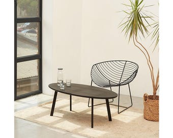 Solid Oak Oval Narrow Coffee Table: Japandi Scandinavian Mid-Century Modern Style