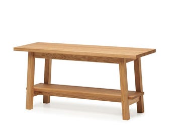 Solid Oak Entryway Bench with Shelf: Modern Farmhouse Wooden Shoe Storage, Hallway Bedroom Seating