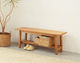 PANCA per scarpe in legno massello di rovere per ingresso: contenitore moderno stretto con ripiano