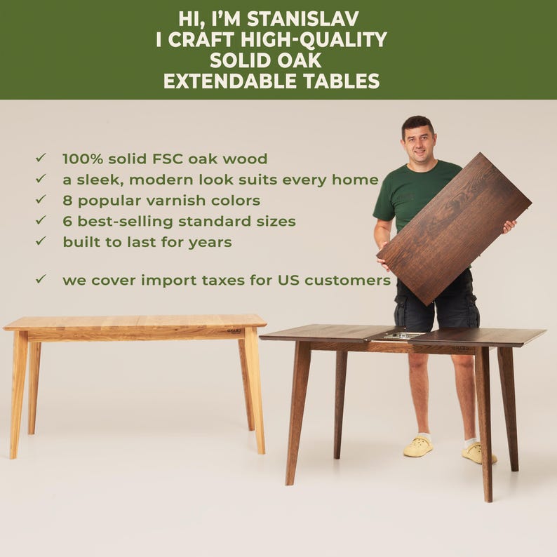 Solid Oak EXTENDABLE DINING TABLE: Scandinavian Mid-Century Modern Design image 3