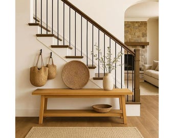 Solid Oak Entryway Storage Shoe Narrow Bench: Skinny Wood Bench Mudroom Bedroom Wooden Furniture