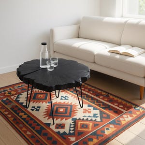 Wood Coffee Table Round Live Edge Burnt Poplar Table Solid Round Dining Table Black Poplar Wood Table Solid Burnt Unique Wood Furniture