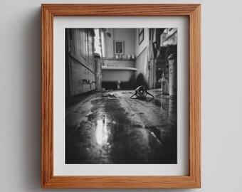 May include: Black and white framed photograph of a bathroom interior. The focus is on a small object on the wet wooden floor, with a bathtub and other bathroom fixtures visible in the background. The photograph is in a wooden frame.