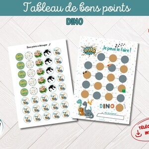 Puede incluir: Un gráfico imprimible para niños con temática de dinosaurios. El gráfico incluye una sección para buenas acciones con una ilustración de dinosaurio y el texto "Bons points à découper" y una sección para un gráfico de recompensas con el texto "Je peux le faire!" y "DINO".