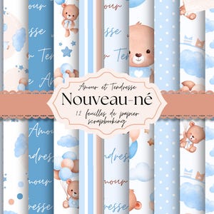 Papier digital "Amour et Tendresse" garçon A4 - Papier imprimable pour scrapbooking - Ourson bleu pastel - Papier pour baby shower
