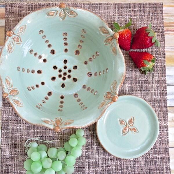 Ceramic Colander or Berry Bowl, Large Strainer Kitchen Colander Glazed in Green and Rust, Kitchenware