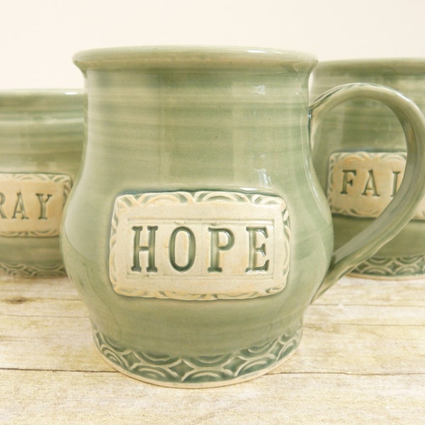 HOPE Coffee Cup Handmade Pottery Sage Green Daily Dose of Inspiration Large Ceramic Tea Mug Inspirational Words Wheel Thrown
