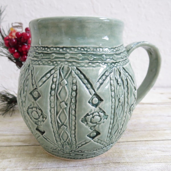 Coffee Mug Oversized Cup Sage Green Rose Flower Stamped Quilted Design For Her Large Elegant Cup, Shabby Chic Stoneware Pottery