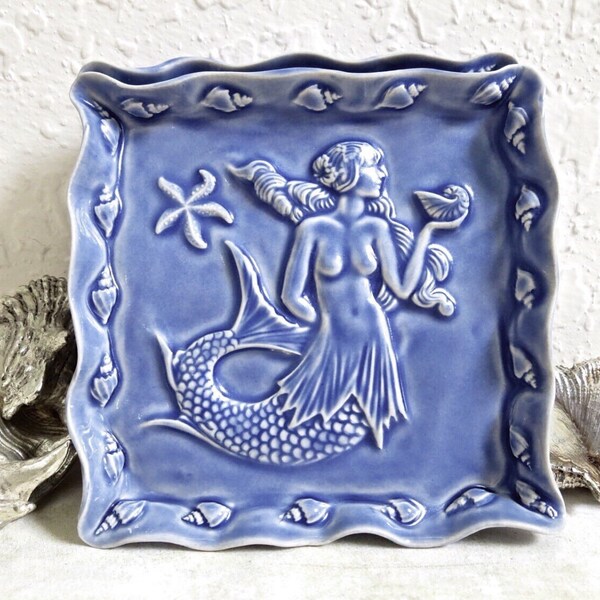 Ceramic Mermaid Dish Blue Seashells and Starfish