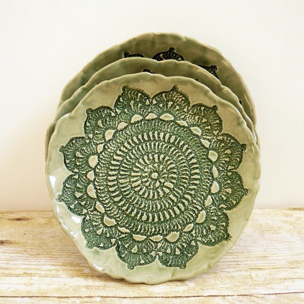 Ceramic Lace Plate Ring Holder Trinket Dish Ring Catcher Bowl Jewelry Holder Grayed Jade Sage Green