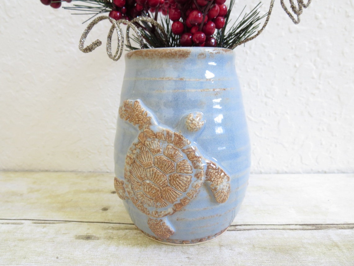 Sea Turtle Vase or Kitchen Utensil Holder Stoneware Pottery Etsy