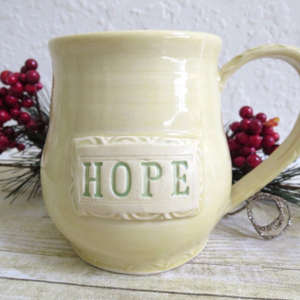 HOPE Coffee Cup Handmade Pottery Butter Yellow Daily Dose of Inspiration Large Ceramic Pair of Tea Mugs Inspirational Words