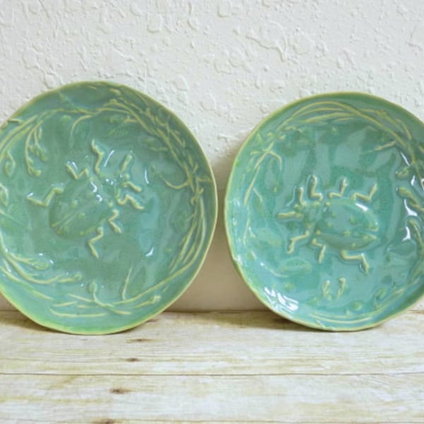 Ceramic Dessert Salad Plates Set of Two, Garden Ladybugs Stoneware Pottery Handcrafted Aqua Blue Green