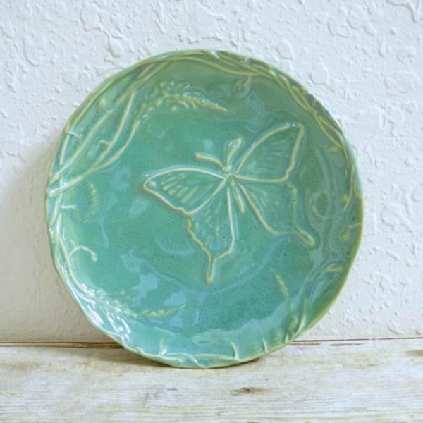 Butterfly Ceramic Dessert Salad Plate Stoneware Pottery Handcrafted Aqua Blue Green