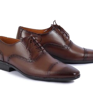 Handmade Brown Colour Genuine Leather Cap Toe Semi Brogue Oxfords Lace Up Stylish Shoes for Men&#39;