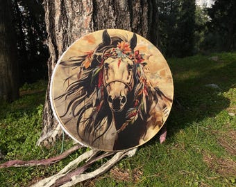 18-Inch Traditional Shamanic Horse Drum – Handcrafted Colorful Meditation Drum, Spiritual Ritual Instrument