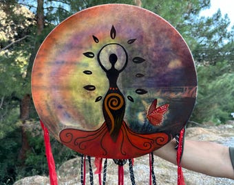 18-Inch Hand Painting Traditional Gaia Shamanic Drum - Handcrafted Ritual Tool - Authentic Shaman Drum