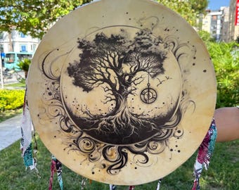 18-Inch Tree of Life Shamanic Drum | Traditional Shaman Drum | Meditation & Ritual Instrument | Handcrafted Spiritual Drum, Shamanic Journey