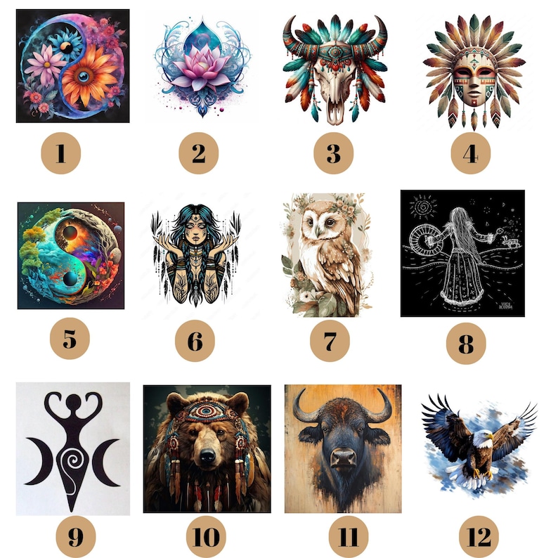Peut inclure: Une collection de douze impressions d'art num&eacute;rique pr&eacute;sentant des motifs spirituels et inspir&eacute;s de la nature. Les images incluent un symbole yin-yang, une fleur de lotus, un hibou, un ours, un aigle et d'autres illustrations mystiques. Chaque image est num&eacute;rot&eacute;e avec un cercle dor&eacute;.