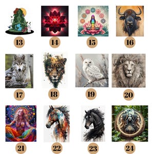 Peut inclure: Une collection d'impressions d'art num&eacute;rique pr&eacute;sentant divers animaux et th&egrave;mes spirituels. Les images incluent un loup, un l&eacute;opard, un hibou des neiges, un lion, un buffle, une fleur de lotus, une figure m&eacute;ditative, une femme et deux chevaux. Chaque image a une palette de couleurs et un style uniques.