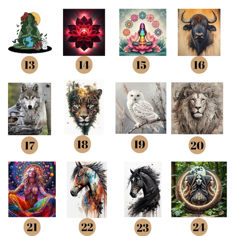 Peut inclure: Une collection d'impressions d'art num&eacute;rique pr&eacute;sentant divers animaux et th&egrave;mes spirituels. Les images incluent un loup, un l&eacute;opard, un hibou des neiges, un lion, un buffle, une fleur de lotus, une figure m&eacute;ditative, une femme et deux chevaux. Chaque image a une palette de couleurs et un style uniques.