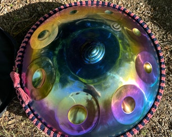 22-Zoll-432Hertz Traditionelle Handpan - Mehrfarbige 9-Noten d-Moll Stahltrommel mit Taschen-Geschenk