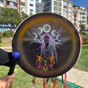 18-Inch Hand-Painted Shamanic Drum | Woman Moon Meditation Drum | Spiritual Healing Instrument | Handmade Vegan Shamanic Drum