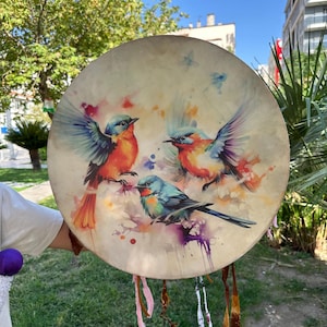 21-Inch Traditional Colorful Birds Shamanic Drum | Handcrafted Spiritual Woman Drum for Meditation & Rituals | Sacred Healing Drum