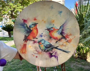 21-Inch Traditional Colorful Birds Shamanic Drum | Handcrafted Spiritual Woman Drum for Meditation & Rituals | Sacred Healing Drum