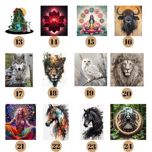 Puede incluir: Un collage de 12 im&aacute;genes de arte digital que presentan una variedad de temas, que incluyen la naturaleza, los animales y temas espirituales. Las im&aacute;genes est&aacute;n dispuestas en una cuadr&iacute;cula y numeradas del 13 al 24.