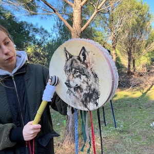 15-Inch Traditional Wolf Shamanic Ritual Drum - Woman Drum | Meditation Drum | Handcrafted Spiritual Instrument