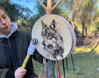 15-Inch Traditional Wolf Shamanic Ritual Drum - Woman Drum | Meditation Drum | Handcrafted Spiritual Instrument