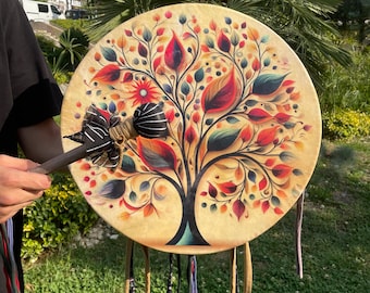 Tambor chamánico de 18 pulgadas con forma de árbol de la vida / Tambor de meditación tradicional / Instrumento espiritual hecho a mano