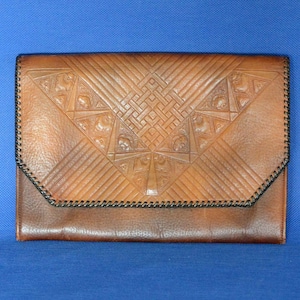 Antieke Art Nouveau Genuine Steer Hide Lederen Clutch Envelop Portemonnee - Handriem - 4 Compartimenten - Snap Cover