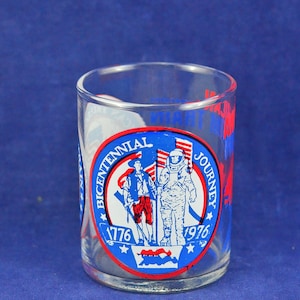 Bicentennial 1976 American Freedom Train Tour Souvenir Glass - 3 Ounce - Minute Man, Astronaut, Train Engine - 1776 - Red, White, Blue
