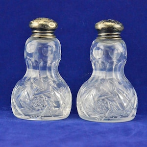 Large Unusual Shaped Heavy Pressed Glass Salt and Pepper Shakers with Sterling Silver Star Lids - Starbust Pattern - Serving Pieces