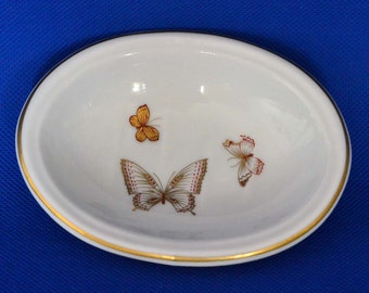 Beautiful Hand Painted Lefton China Oval Soap Dish with Butterflies and 22K Gold Trim - Original Sticker - Made In Japan