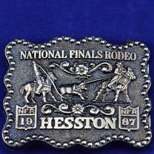 Hesston 1987 NFR Rodeo Miniature Child&#39;s/Ladies Belt Buckle - National Finals Rodeo – Team Roping - Fifth Edition Collectors Buckle - Cowboy