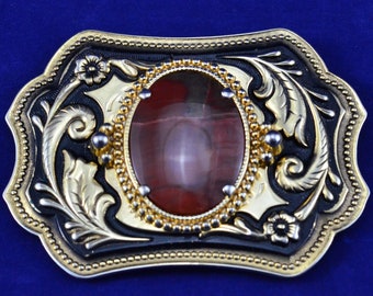 Vintage Belt Buckle with Brown Agate - Cowboy or Cowgirl - Gold Toned - Southwestern Inspired - Men's or Women's Belt Buckle