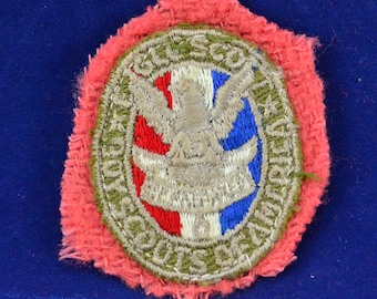 May include: A vintage Boy Scouts of America Eagle Scout patch with a red, white, and blue eagle design surrounded by a green embroidered border. The patch is fringed with pink fabric.