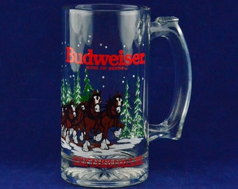 Budweiser Clydesdales Glass Mug - Winter Scene 1989 - Budweiser Beer - Anheuser Busch - Beer Stein 12 Oz - Clydesdale Horses - King of Beer